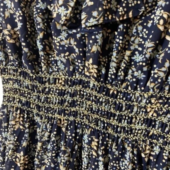 MAX STUDIO Navy Blue Floral Ruffled Georgette V-Neck Sleeveless Maxi Dress - Picture 2 of 9